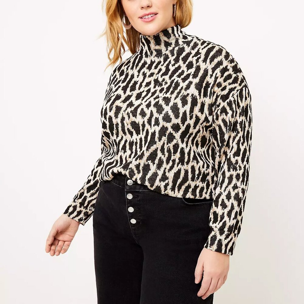 Ann Taylor LOFT Plus Animal Print Mock Neck Top Black Sz14 16/18 20/22 24/26 NWT